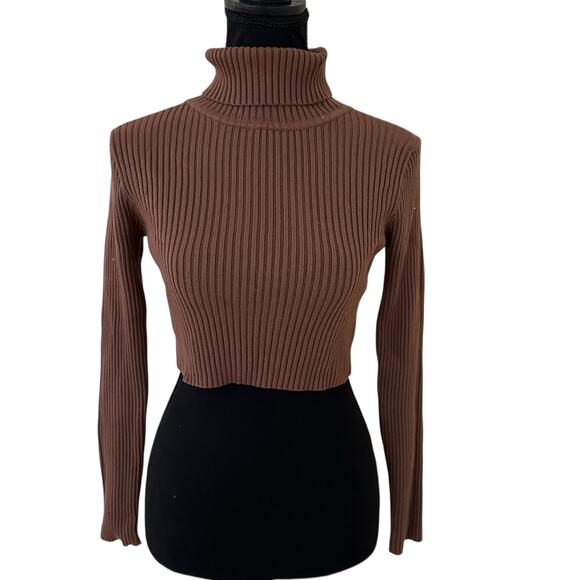 Daisy Women Crop Ribbed Turtleneck Brown Sweater Size M - Picture 1 of 7